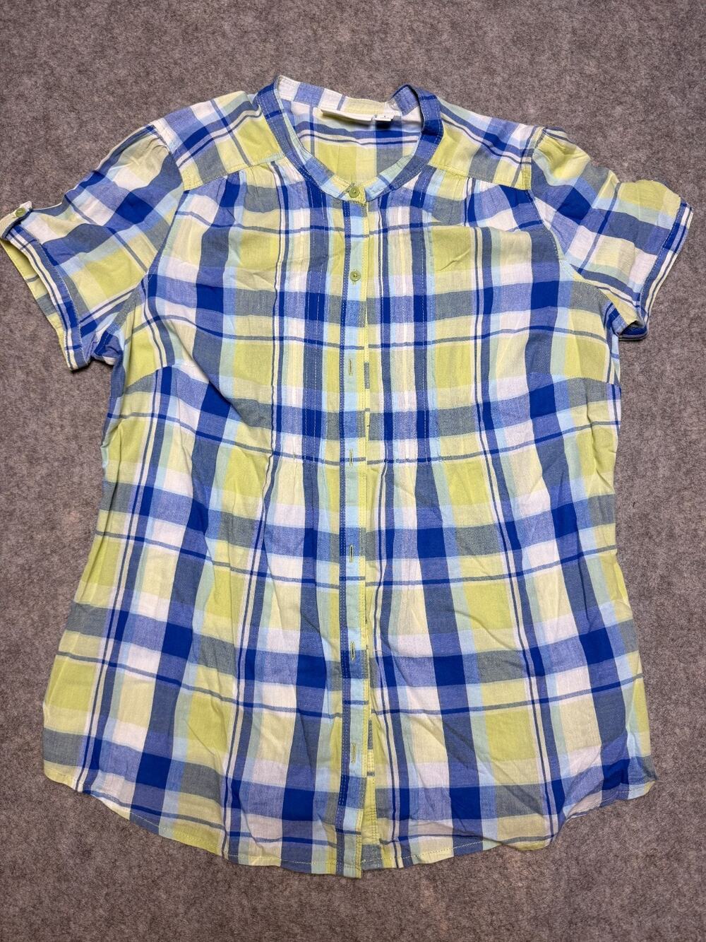 St Johns Bay Women's Large plaid button up shirt sage Blue Yellow tab sleeve
